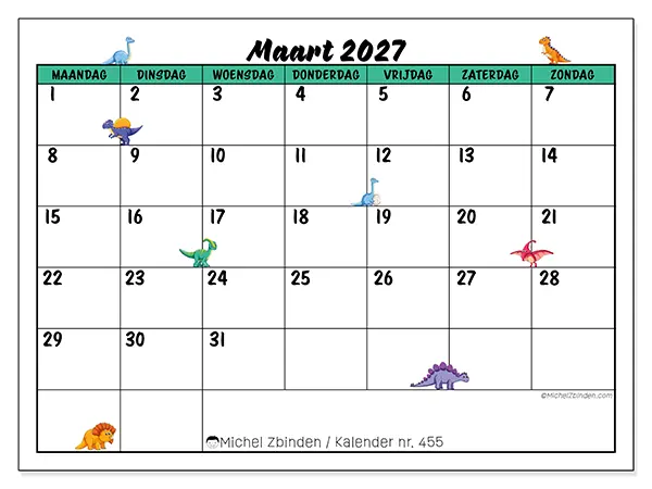 Kalender maart 2027 om af te drukken - Kleine dinosaurussen