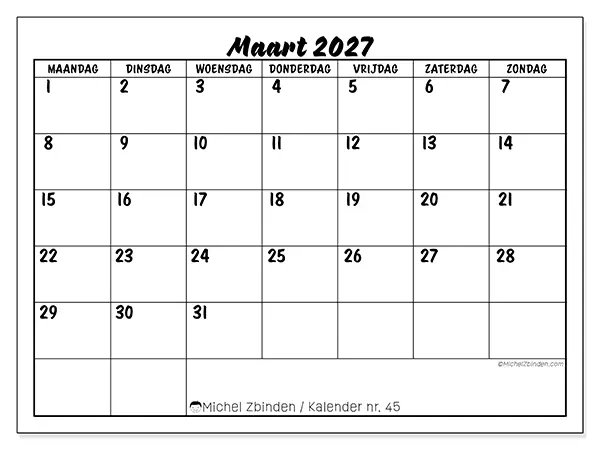 Kalender maart 2027 om af te drukken - Schoolsucces