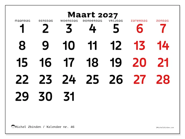 Kalender maart 2027 om af te drukken - Duidelijk overzicht