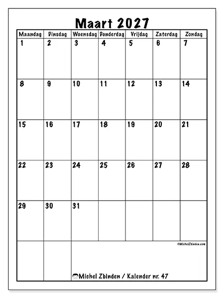 Kalender maart 2027 om af te drukken - Efficiënte planning