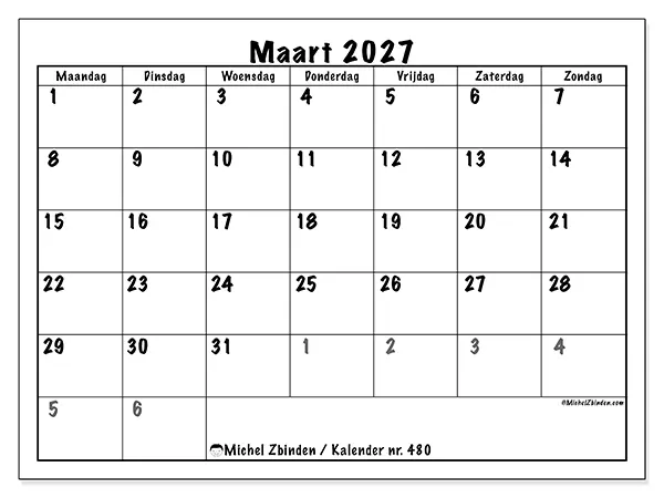 Kalender maart 2027 om af te drukken - Volledige planning