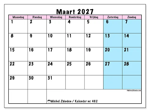 Kalender maart 2027 om af te drukken - Teamagenda