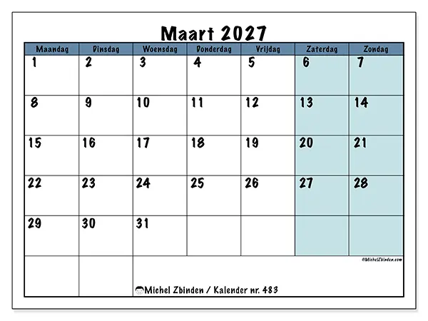 Kalender maart 2027 om af te drukken - Structuur voor school