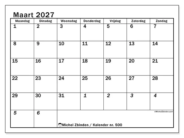 Kalender maart 2027 om af te drukken - Intensieve planning