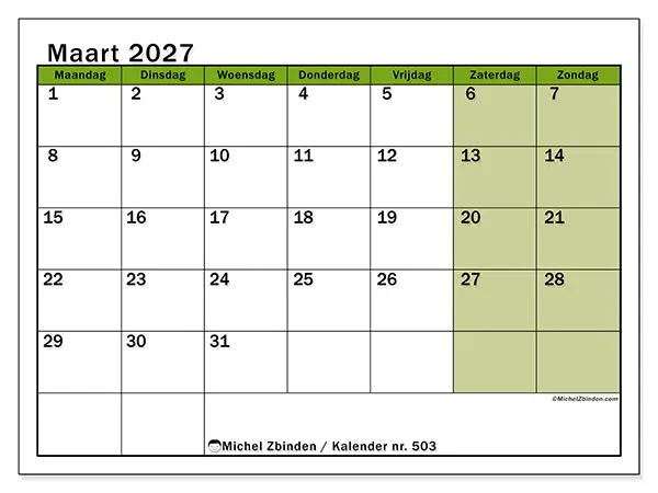 Kalender maart 2027 om af te drukken - Levendige organisatie