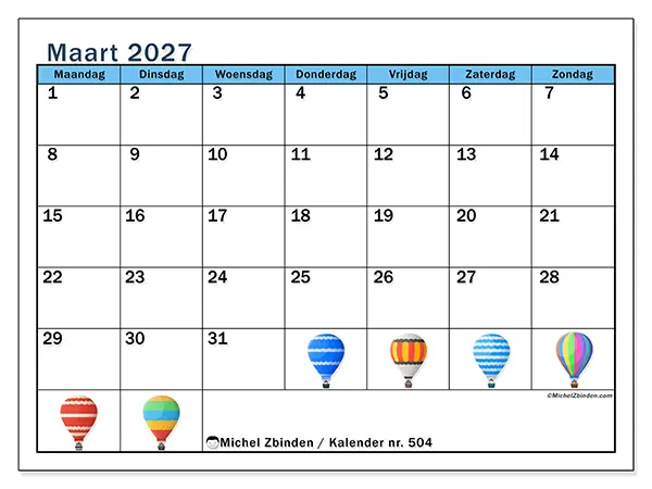 Kalender maart 2027 om af te drukken - Luchtballonnen