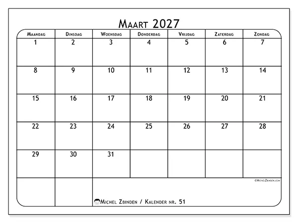 Kalender maart 2027 om af te drukken - Maaltijdplanner