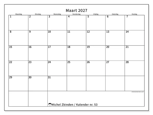 Kalender maart 2027 om af te drukken - Efficiënte agenda