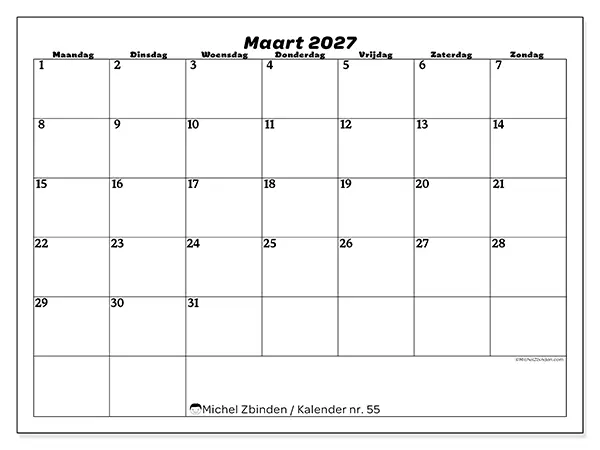 Kalender maart 2027 om af te drukken - Organisatie van vrije tijd
