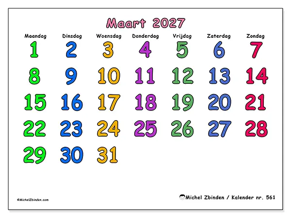 Kalender maart 2027 om af te drukken - Creatieve momenten