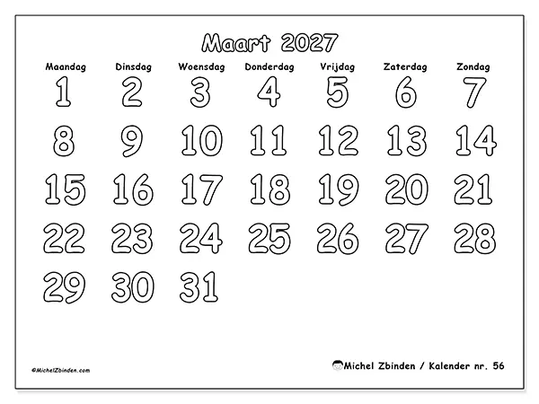 Kalender maart 2027 om af te drukken - Nuttig kleuren