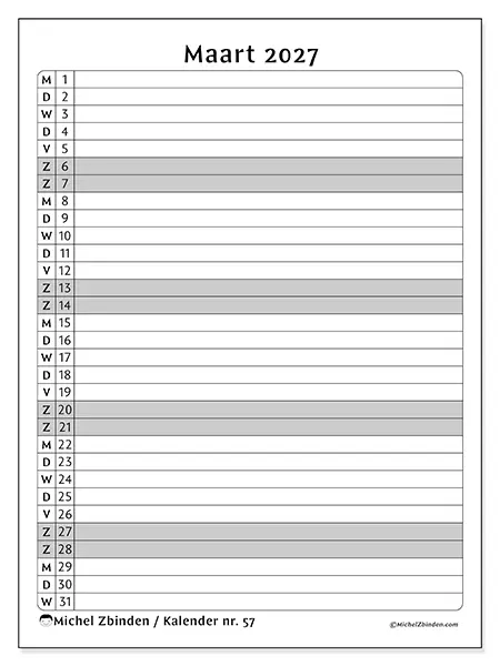 Kalender maart 2027 om af te drukken - Activiteitenlijst