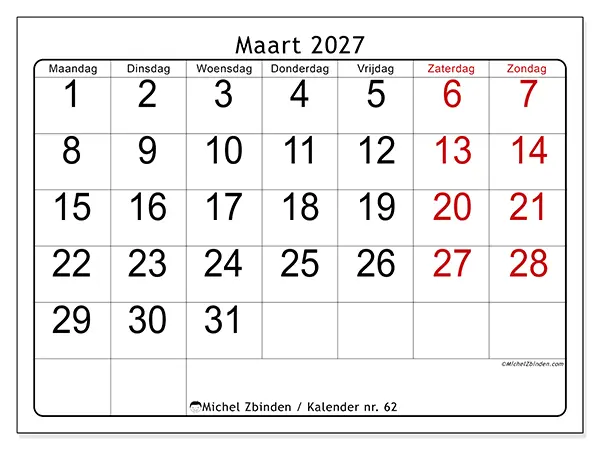 Kalender maart 2027 om af te drukken - Snel overzicht
