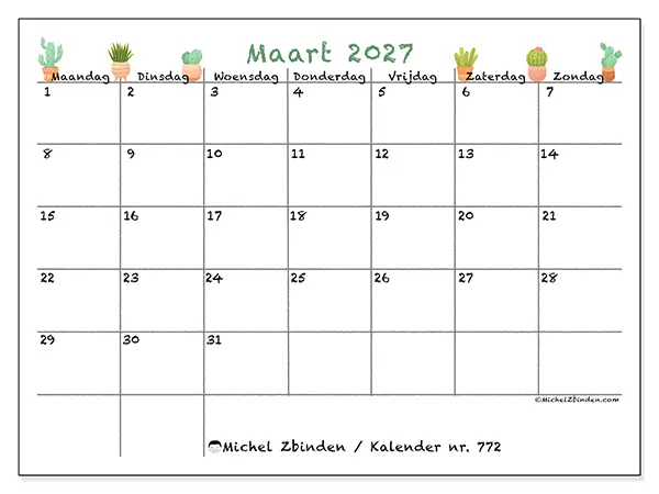 Kalender maart 2027 om af te drukken - Decoratieve cactus