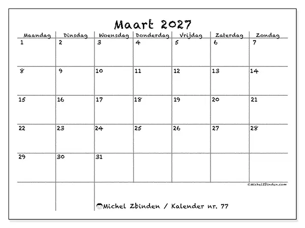 Kalender maart 2027 om af te drukken - School en familie