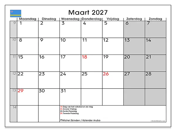 Kalender maart 2027 om af te drukken - Aruba
