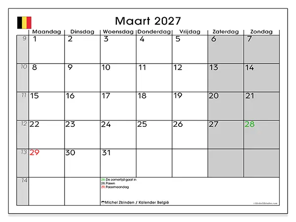 Kalender maart 2027 om af te drukken - België