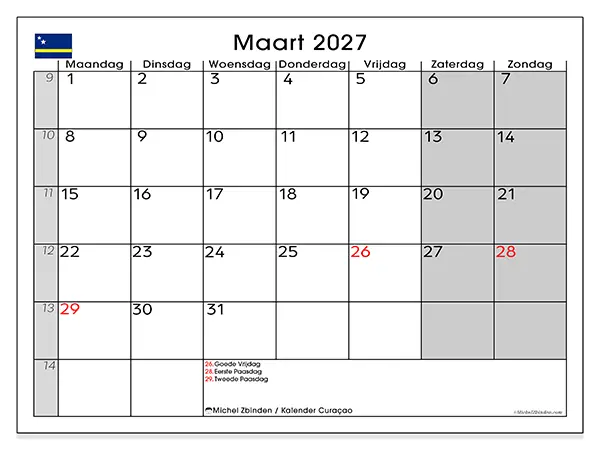 Kalender maart 2027 om af te drukken - Curaçao