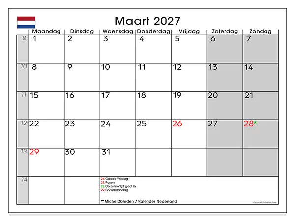 Kalender maart 2027 om af te drukken - Nederland