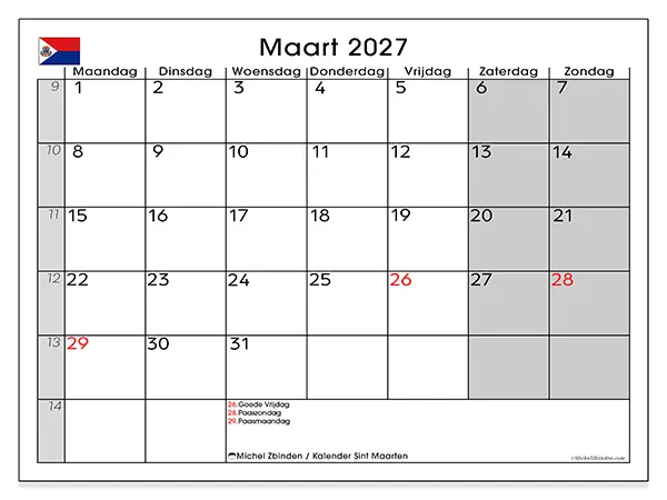 Kalender maart 2027 om af te drukken - Sint Maarten