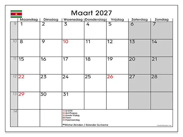 Kalender maart 2027 om af te drukken - Suriname
