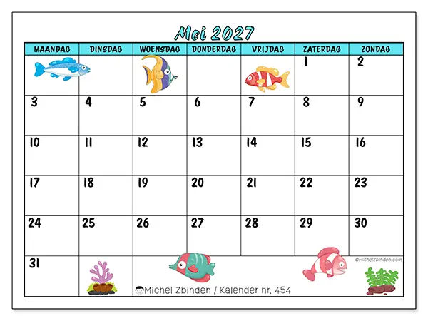 Kalender mei 2027 om af te drukken - Gekleurde vissen