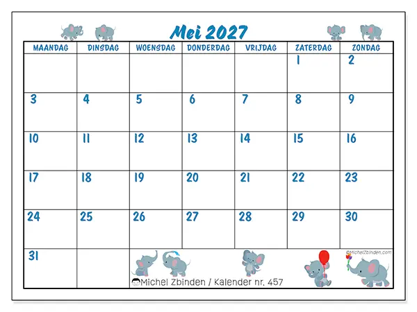 Kalender mei 2027 om af te drukken - Kleine olifanten