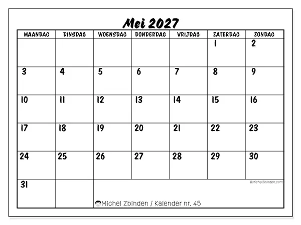 Kalender mei 2027 om af te drukken - Schoolsucces