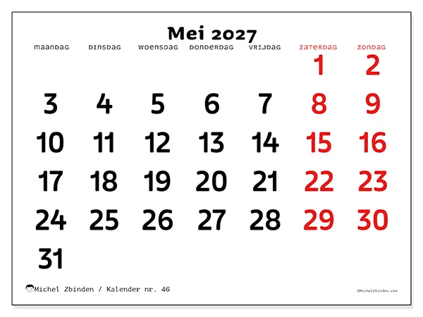 Kalender mei 2027 om af te drukken - Duidelijk overzicht