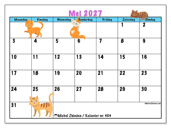 Kalender mei 2027 om af te drukken - Liefde voor katten