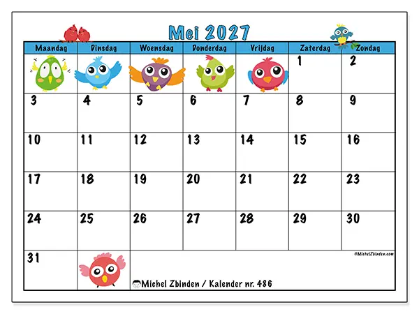 Kalender mei 2027 om af te drukken - Grappige vogels