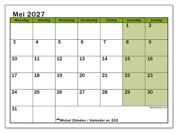 Kalender mei 2027 om af te drukken - Levendige organisatie