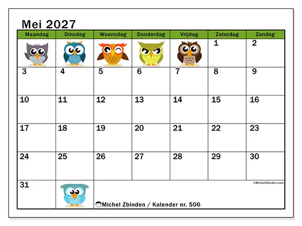 Kalender mei 2027 om af te drukken - Grappige uilen