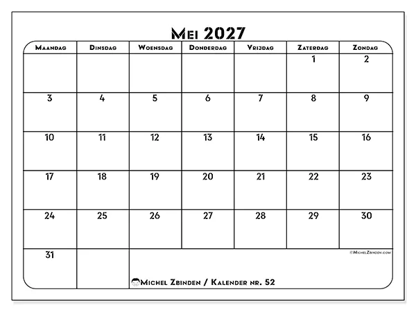 Kalender mei 2027 om af te drukken - Professionele organisatie