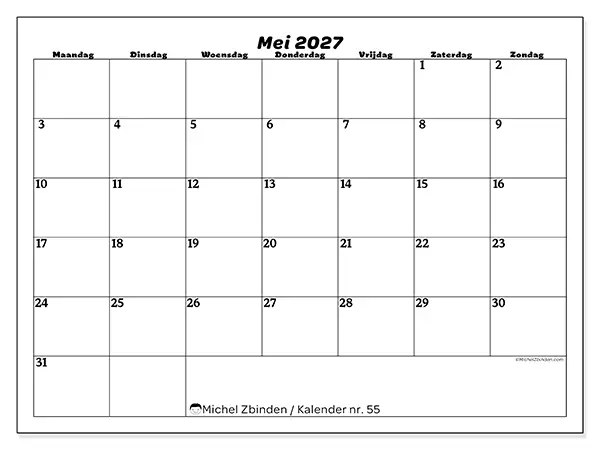 Kalender mei 2027 om af te drukken - Organisatie van vrije tijd