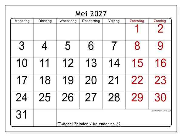 Kalender mei 2027 om af te drukken - Snel overzicht