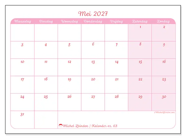 Kalender mei 2027 om af te drukken - Organisatie in zachtheid