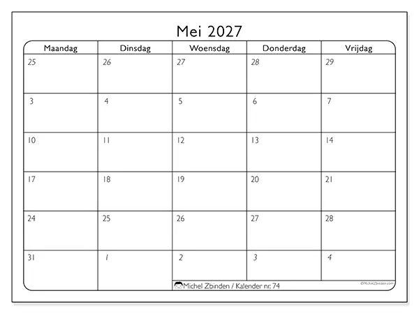 Kalender mei 2027 om af te drukken - Werkorganisatie