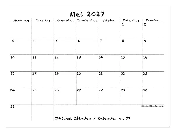 Kalender mei 2027 om af te drukken - School en familie