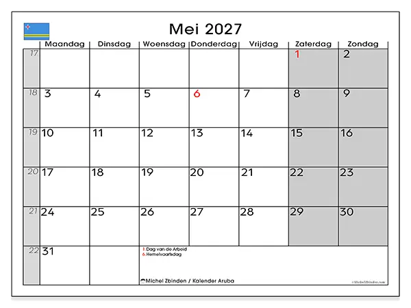 Kalender mei 2027 om af te drukken - Aruba