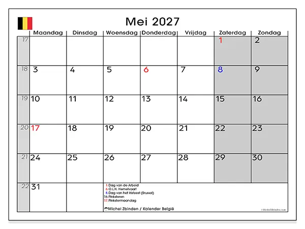 Kalender mei 2027 om af te drukken - België