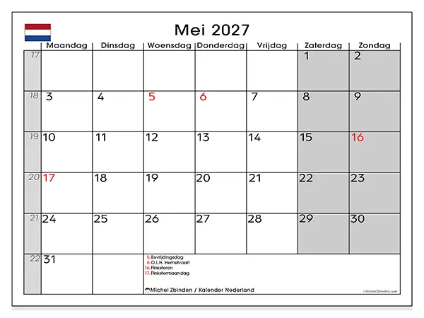 Kalender mei 2027 om af te drukken - Nederland
