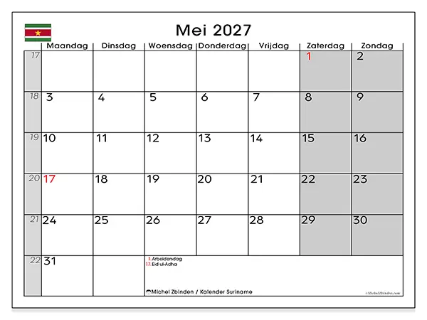 Kalender mei 2027 om af te drukken - Suriname