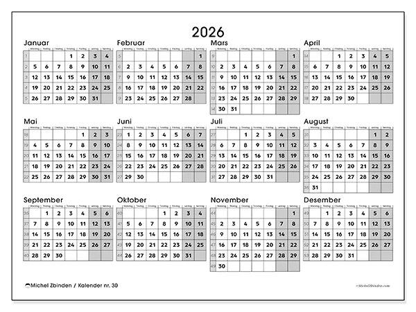 Årskalender til utskrift