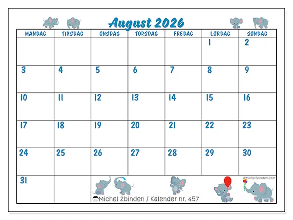 August 2026 kalendere til utskrift - Små elefanter
