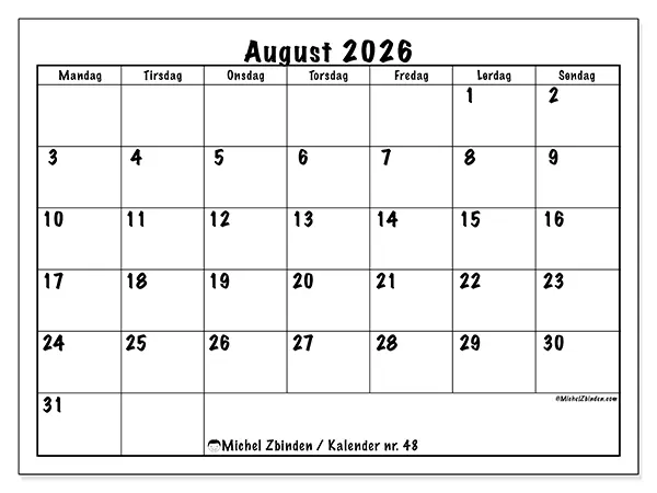August 2026 kalendere til utskrift - Daglig planlegging