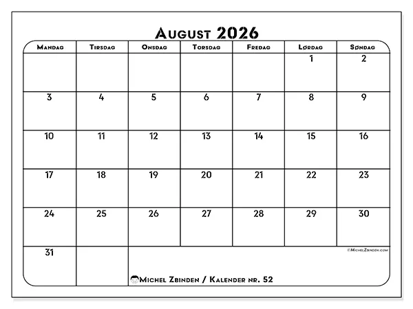 August 2026 kalendere til utskrift - Profesjonell organisering