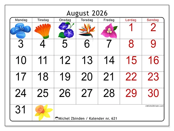August 2026 kalendere til utskrift - Store blomster