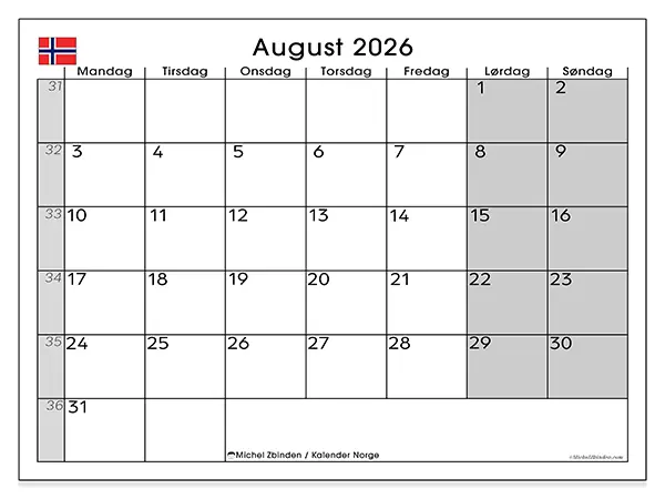 August 2026 kalendere til utskrift - Norge