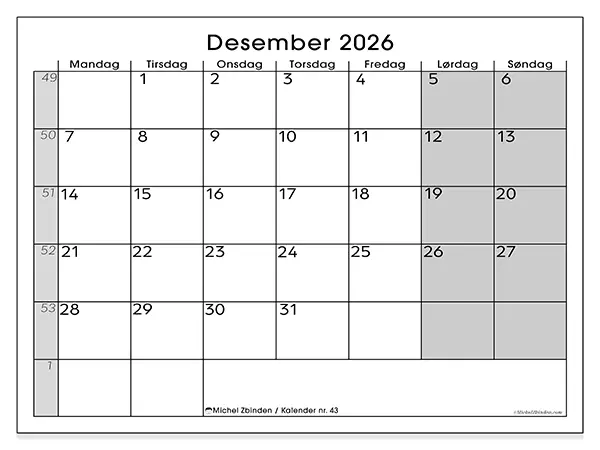 Desember 2026 kalendere til utskrift - Enkel oversikt